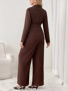 SHEIN Maternity Solid Color Ruched Long Sleeve Top And Adjustable Long Pants Casual Daily 2 Pieces Set Fall - Coffee Brown - View 3