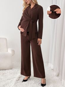 SHEIN Maternity Solid Color Ruched Long Sleeve Top And Adjustable Long Pants Casual Daily 2 Pieces Set Fall - Coffee Brown - View 6