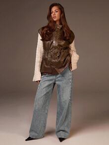 Athîral Denim 女款休閒復古牛仔褲，辦公休閒，寬腿牛仔褲，女款牛仔長褲，女款牛仔褲，女款長褲，外出穿搭，酷女孩，秋冬 - 藍色 - 查看 5