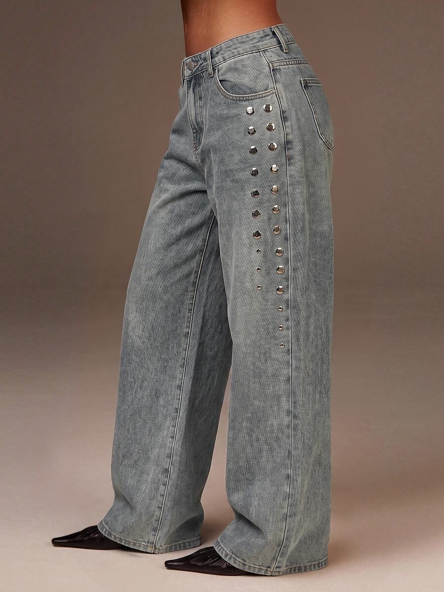 Athîral Denim 女款休閒復古牛仔褲,辦公休閒,寬腿牛仔褲,女款牛仔長褲,女款牛仔褲,女款長褲,外出穿搭,酷女孩,秋冬 - 藍色 - 查看 1