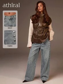 Athîral Denim 女款休閒復古牛仔褲，辦公休閒，寬腿牛仔褲，女款牛仔長褲，女款牛仔褲，女款長褲，外出穿搭，酷女孩，秋冬 - 藍色 - 查看 6