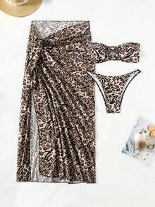 SHEIN Swim Summer 3pcs Set Fashionable Leopard Pattern Women Bikini Set With Metal Ring Decorated Bikini With Beach Mesh Printed Coverup - Multicolor - View 6