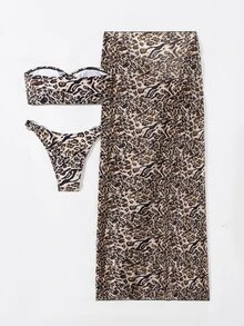 SHEIN Swim Summer 3pcs Set Fashionable Leopard Pattern Women Bikini Set With Metal Ring Decorated Bikini With Beach Mesh Printed Coverup - Multicolor - View 5
