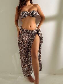 SHEIN Swim Summer 3pcs Set Fashionable Leopard Pattern Women Bikini Set With Metal Ring Decorated Bikini With Beach Mesh Printed Coverup - Multicolor - View 4