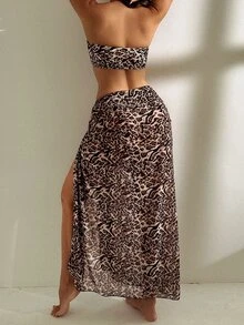 SHEIN Swim Summer 3pcs Set Fashionable Leopard Pattern Women Bikini Set With Metal Ring Decorated Bikini With Beach Mesh Printed Coverup - Multicolor - View 2