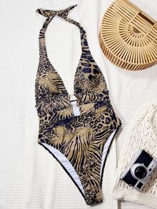 Swim Chiccia بدلة سباحة ذات رقبة عميقة وظهر مكشوف بنمط الفهد، أنيقة وبوهيمية للمهرجانات - متعدد الألوان - مشاهدة 5