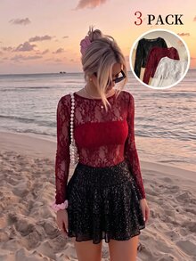 SHEIN MOD 3件組女款蕾絲圓領長袖T恤 - 彩色 - 查看 4