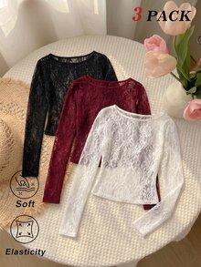 SHEIN MOD 3件組女款蕾絲圓領長袖T恤 - 彩色 - 查看 1