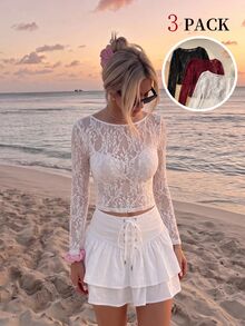 SHEIN MOD 3件組女款蕾絲圓領長袖T恤 - 彩色 - 查看 12