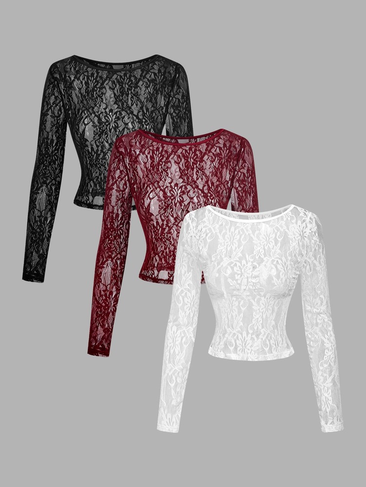 SHEIN MOD 3pcs Women's Black Lace Round Neck Long Sleeve Cropped Top - Suitable For Outings, Halloween, Christmas, And Autumn Wear. - Multicolor - View 2