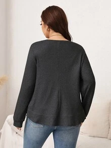 SHEIN LUNE Plus Size Women Solid Color Round Neck Long Sleeve Loose Casual T-Shirt - Dark Grey - View 7