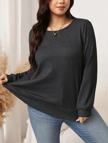 SHEIN LUNE Plus Size Women Solid Color Round Neck Long Sleeve Loose Casual T-Shirt - Dark Grey - View 3