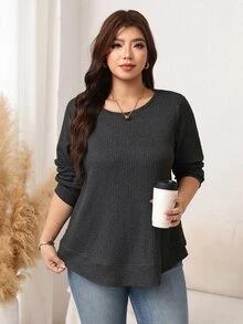 SHEIN LUNE Plus Size Women Solid Color Round Neck Long Sleeve Loose Casual T-Shirt - Dark Grey - View 4
