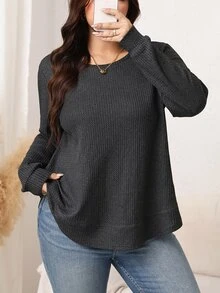 SHEIN LUNE Plus Size Women Solid Color Round Neck Long Sleeve Loose Casual T-Shirt - Dark Grey - View 2