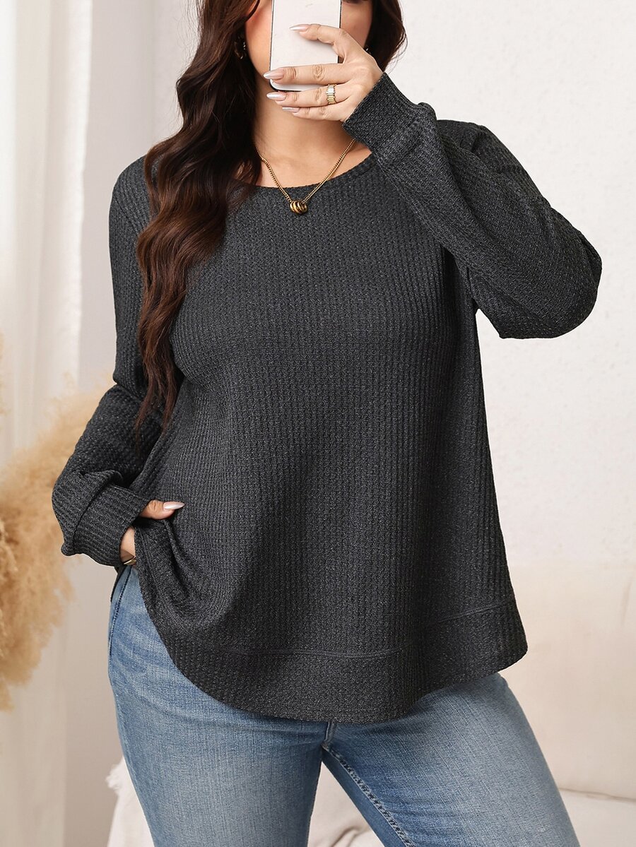 SHEIN LUNE Plus Size Women Solid Color Round Neck Long Sleeve Loose Casual T-Shirt - Dark Grey - View 1