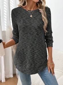 SHEIN LUNE Plus Size Women Solid Color Round Neck Long Sleeve Loose Casual T-Shirt - Dark Grey - View 1