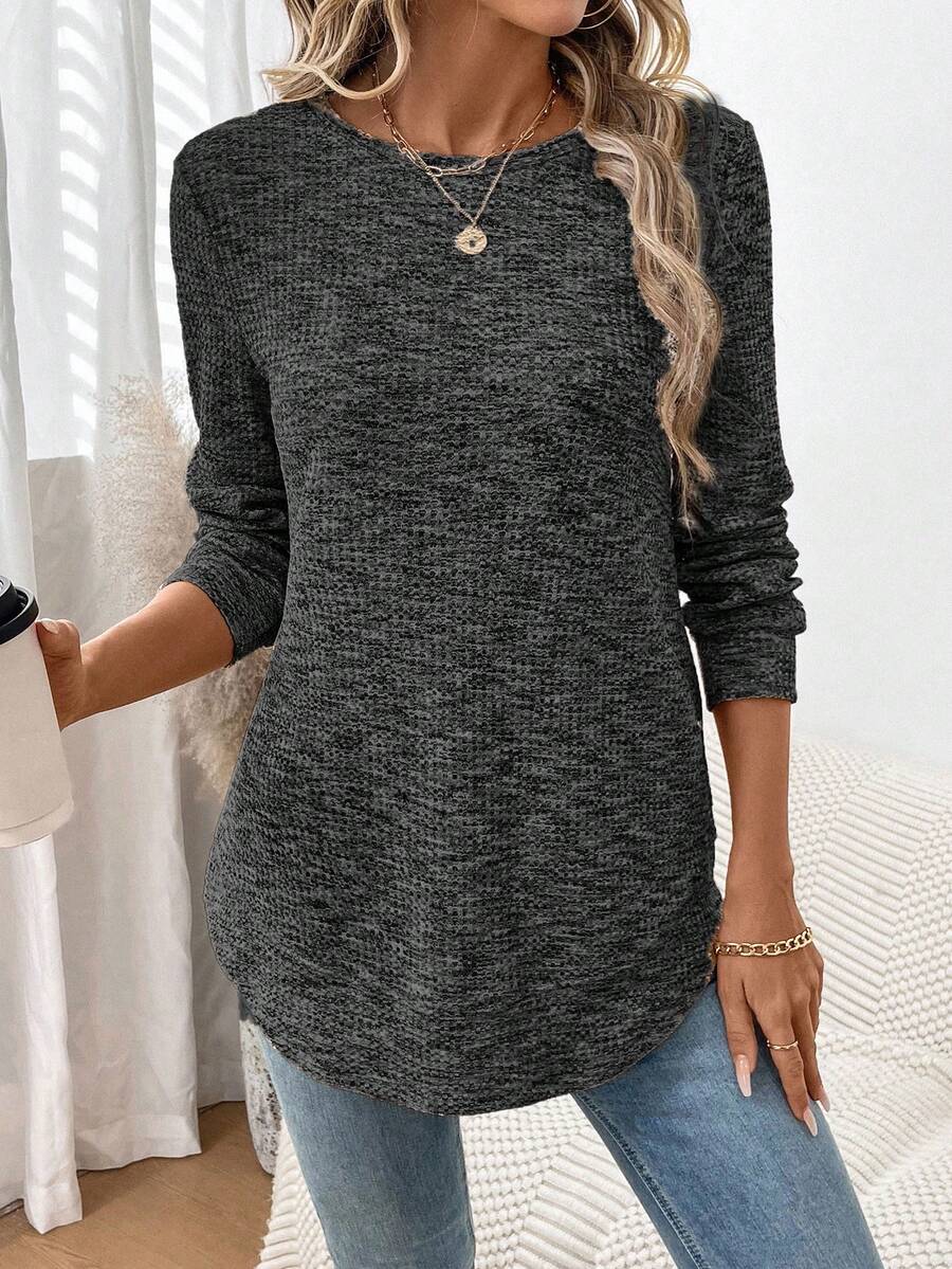 SHEIN LUNE Plus Size Women Solid Color Round Neck Long Sleeve Loose Casual T-Shirt - Dark Grey - View 1