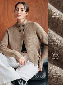 Anewsta Italian Autumn/Winter High-End Fashion Design Elegant Sophisticated Evening Vintage Old Money Style High Neck Wool Cape Asymmetrical Front Opening Cardigan - Rust Brown - View 1