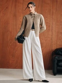 Anewsta Italian Autumn/Winter High-End Fashion Design Elegant Sophisticated Evening Vintage Old Money Style High Neck Wool Cape Asymmetrical Front Opening Cardigan - Rust Brown - View 5