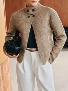 Anewsta Italian Autumn/Winter High-End Fashion Design Elegant Sophisticated Evening Vintage Old Money Style High Neck Wool Cape Asymmetrical Front Opening Cardigan - Rust Brown - View 4