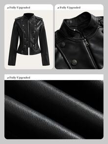 Anewsta Women's Long Sleeve Zipper Front Casual Rider Style PU Jacket - Black - View 3