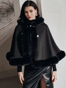 Anewsta Jubah Pendek Bulu Imitasi Musim Gugur/Dingin, Selendang Bulu Serbaguna - Hitam - View 5