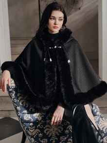 Anewsta Jubah Pendek Bulu Imitasi Musim Gugur/Dingin, Selendang Bulu Serbaguna - Hitam - View 3