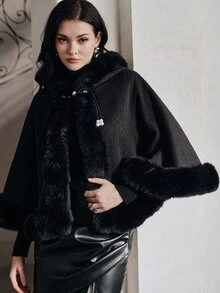 Anewsta Jubah Pendek Bulu Imitasi Musim Gugur/Dingin, Selendang Bulu Serbaguna - Hitam - View 6
