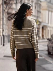Anewsta Italian Autumn/Winter High-End Fashion Design Elegant Sophisticated Evening Vintage Old Money Style Colorblock Striped Gold Button Round Neck Cardigan - Rust Brown - View 6