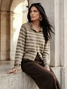Anewsta Italian Autumn/Winter High-End Fashion Design Elegant Sophisticated Evening Vintage Old Money Style Colorblock Striped Gold Button Round Neck Cardigan - Rust Brown - View 7