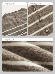 Anewsta Italian Autumn/Winter High-End Fashion Design Elegant Sophisticated Evening Vintage Old Money Style Colorblock Striped Gold Button Round Neck Cardigan - Rust Brown - View 3