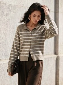 Anewsta Italian Autumn/Winter High-End Fashion Design Elegant Sophisticated Evening Vintage Old Money Style Colorblock Striped Gold Button Round Neck Cardigan - Rust Brown - View 2