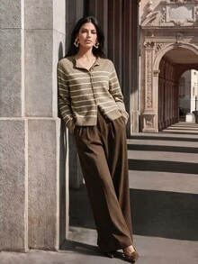Anewsta Italian Autumn/Winter High-End Fashion Design Elegant Sophisticated Evening Vintage Old Money Style Colorblock Striped Gold Button Round Neck Cardigan - Rust Brown - View 4