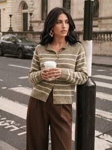 Anewsta Italian Autumn/Winter High-End Fashion Design Elegant Sophisticated Evening Vintage Old Money Style Colorblock Striped Gold Button Round Neck Cardigan - Rust Brown - View 5