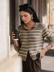 Anewsta Italian Autumn/Winter High-End Fashion Design Elegant Sophisticated Evening Vintage Old Money Style Colorblock Striped Gold Button Round Neck Cardigan - Rust Brown - View 8