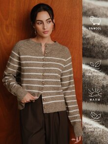 Anewsta Italian Autumn/Winter High-End Fashion Design Elegant Sophisticated Evening Vintage Old Money Style Colorblock Striped Gold Button Round Neck Cardigan - Rust Brown - View 1
