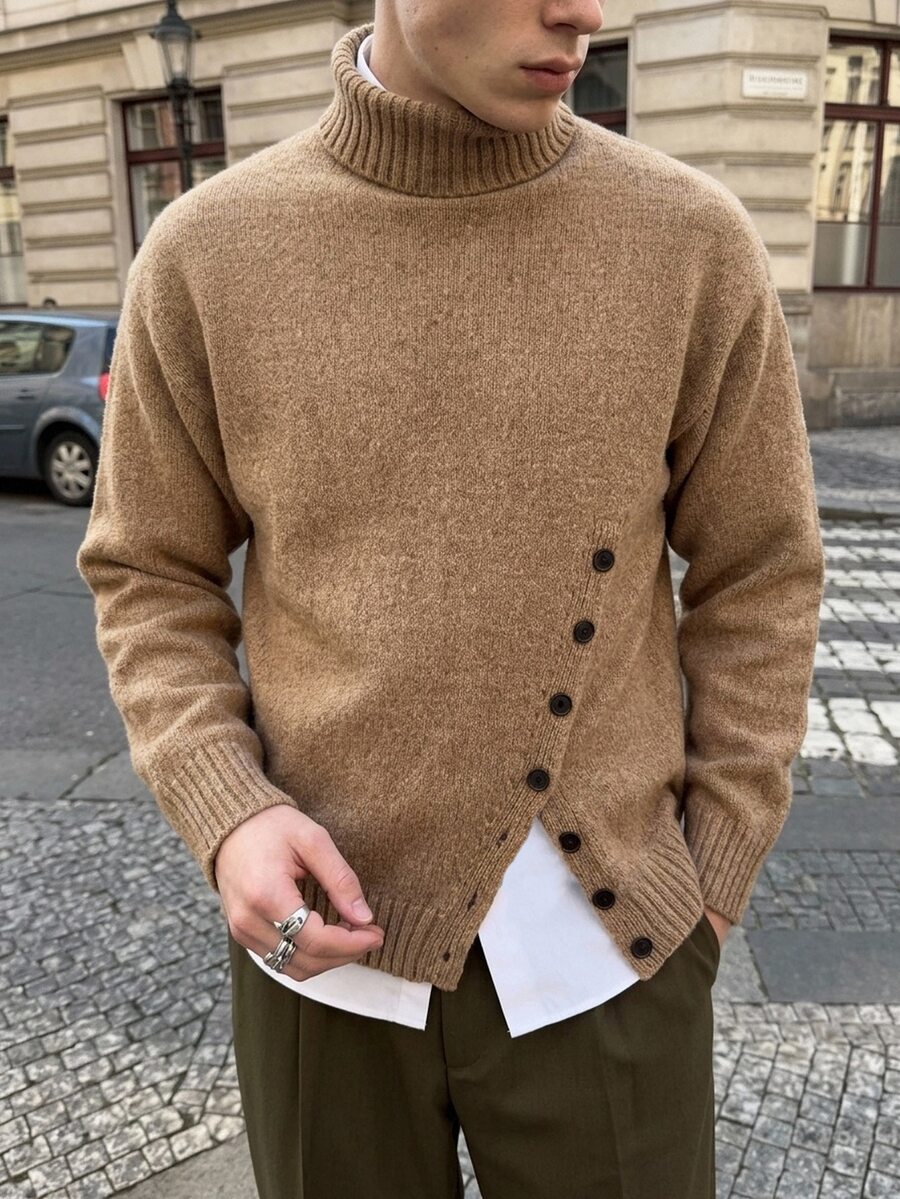 Horizaway Sweater Turtleneck Kasual Serbaguna Pria untuk Musim Gugur/Dingin, Warna Cokelat - Coffee Brown - View 1