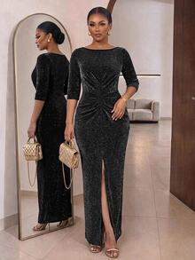 SHEIN Lady CURVE Đầm dự tiệc nữ size lớn thanh lịch, eo nhún, thiết kế xẻ tà - màu đen - Xem 1
