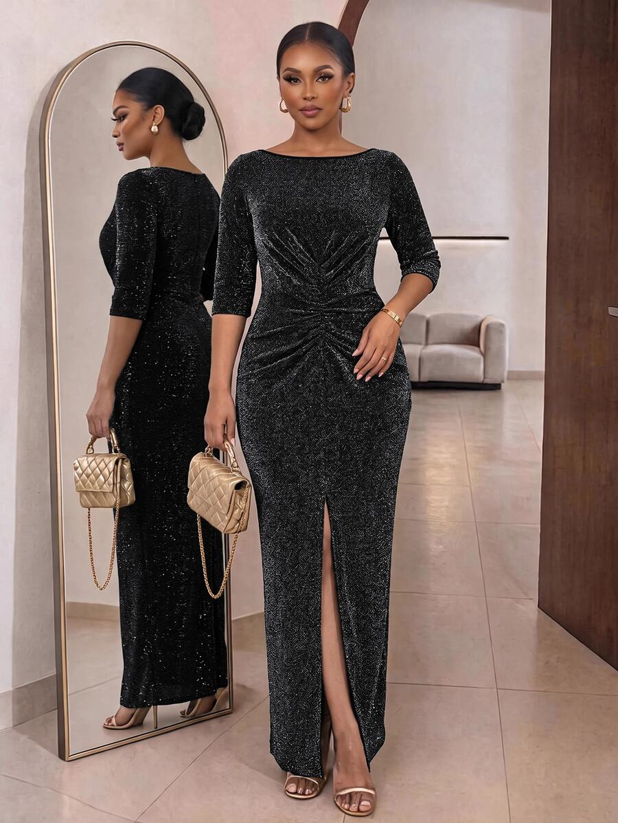 SHEIN Lady CURVE Đầm dự tiệc nữ size lớn thanh lịch, eo nhún, thiết kế xẻ tà - màu đen - Xem 1