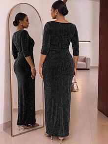 SHEIN Lady CURVE Đầm dự tiệc nữ size lớn thanh lịch, eo nhún, thiết kế xẻ tà - màu đen - Xem 2