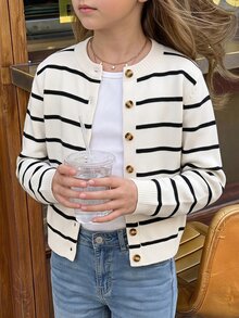 SHEIN 青少年女孩休閒長袖黑白條紋開襟衫，秋冬服飾，條紋 - 白色 - 查看 11