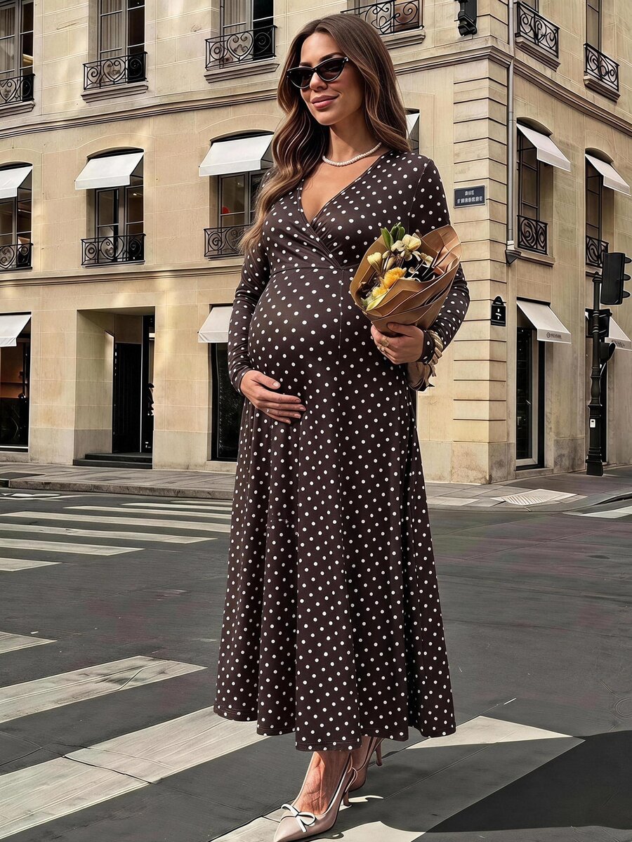 SHEIN Maternity Polka Dot V-Neck Nursing Function Casual Daily Wear Dress Fall - Brown - View 1