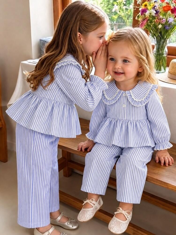 SHEIN 2pcs/Set Baby Girl Spring/Autumn Blue White Striped Fresh Sweet Style Lace Trim Peter Pan Collar Cinched Waist Top Wide Leg Pants Set Cute Daddys Girl - Blue - View 1