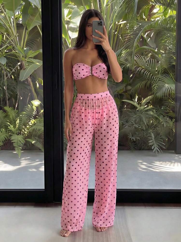 Costavie 3pcs/Set Nuevo Top Bandeau con Lunares Rosas, Braguita Triángulo y Pantalones de Playa de Malla, Traje de Baño Sexy Casual para Vacaciones y Fiestas, Conjunto de Bikini para Mujeres - Multicolor - Añade 1