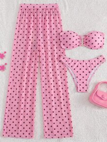 Bonvoyette 3件組新款粉色波點抹胸上衣、三角內褲與網紗沙灘褲，性感休閒度假派對泳裝比基尼套裝，女款 - 彩色 - 查看 6