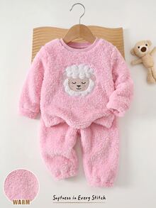Cozy Pixies 女嬰卡通熊圖案保暖內裡加厚圓領長袖套頭上衣與鬆緊腰長褲2件套，舒適百搭時尚日常可愛熊圖案極簡基礎款，適合室內、戶外滑雪、日常、運動、玩耍、派對、拍照、假期、聖誕節，秋冬適用 - 彩色 - 查看 2