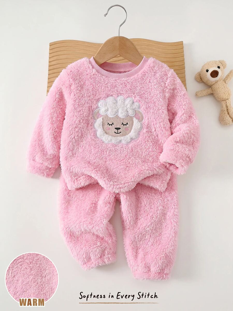 Cozy Pixies 女嬰卡通熊圖案保暖內裡加厚圓領長袖套頭上衣與鬆緊腰長褲2件套，舒適百搭時尚日常可愛熊圖案極簡基礎款，適合室內、戶外滑雪、日常、運動、玩耍、派對、拍照、假期、聖誕節，秋冬適用