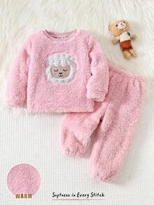 Cozy Pixies 女嬰卡通熊圖案保暖內裡加厚圓領長袖套頭上衣與鬆緊腰長褲2件套，舒適百搭時尚日常可愛熊圖案極簡基礎款，適合室內、戶外滑雪、日常、運動、玩耍、派對、拍照、假期、聖誕節，秋冬適用 - 彩色 - 查看 4