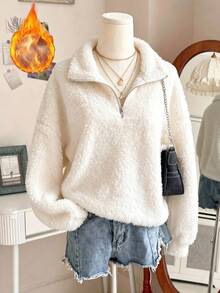 Lalippa Sweatshirt Fleece Lembut Setengah Resleting Wanita, Atasan Pullover Kasual Lengan Panjang Kerah Tegak Berbahan Plush - Putih - View 1