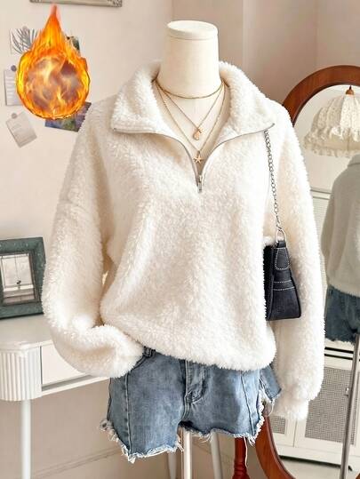 Lalippa Women Half Zip Fluffy Fleece Sweatshirt, Casual Stand Collar Long Sleeve Plush Pullover Tops